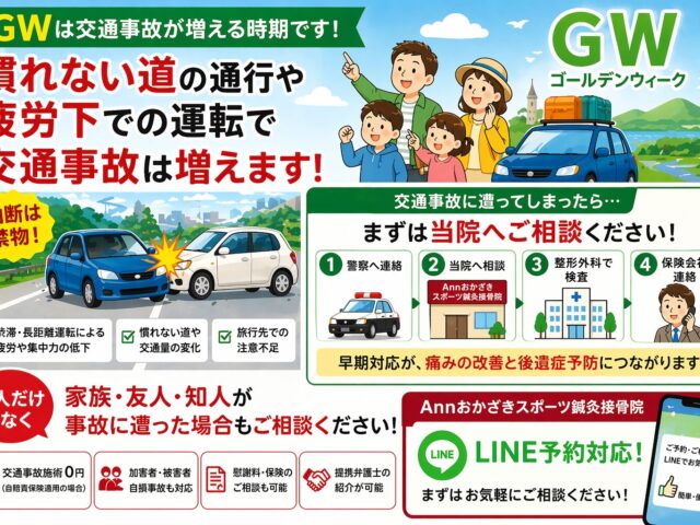 【岡崎｜交通事故注意】GWは事故増加｜事故に遭ったらまずは当院へ